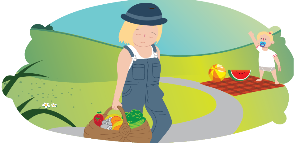 Baby on picnic rug with healthy food and happy woman nearby
