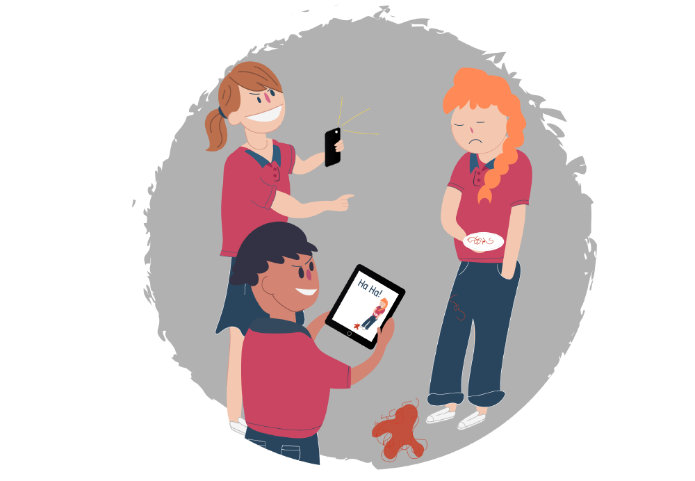 Girl being bullied by classmates using their phones and iPads