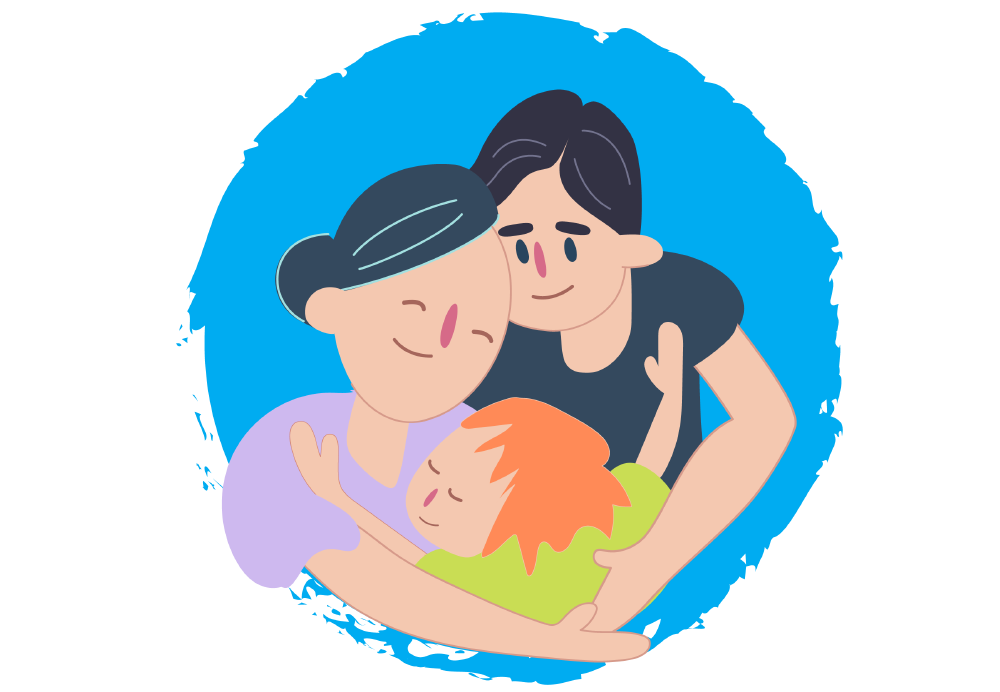 Boy hugging parents
