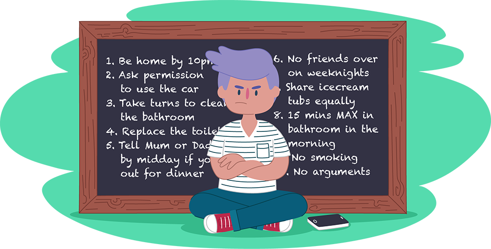 Teen with crossed arms sitting in front of blackboard of rules