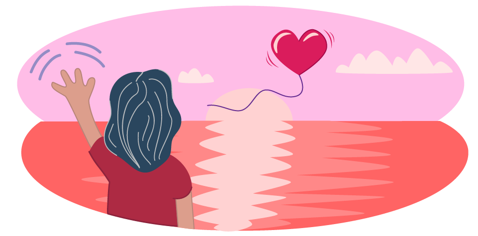 Teen or young adult waving goodbye to a balloon representing someone who has died