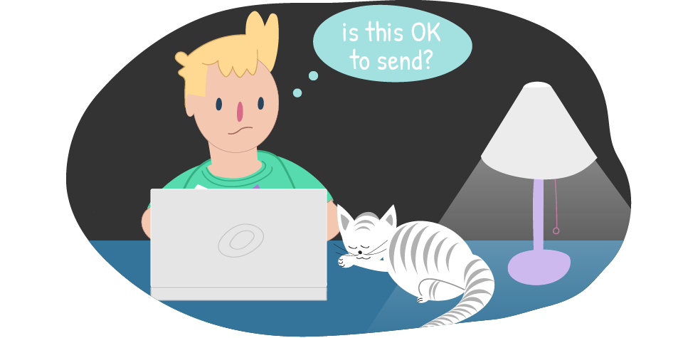 Child looking at laptop, with a thought bubble above their head saying, "Is this ok to send?"